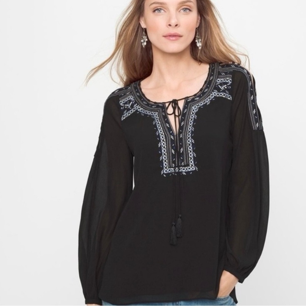 Embroidered Black Peasant Boho Blouse with Blue Accents with shoulder cut-outs 8